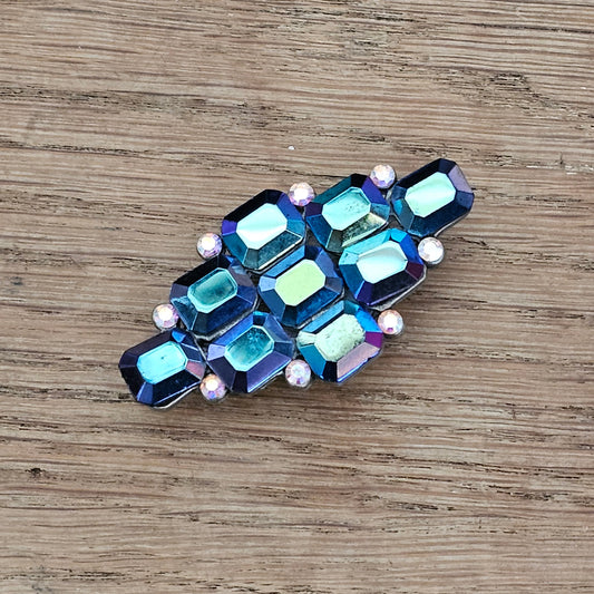1960s iridescent petrol blue faceted glass rhinestone brooch