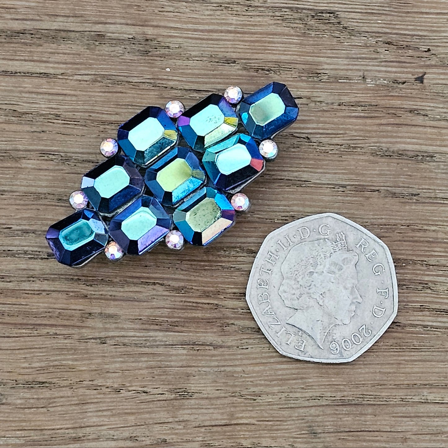 1960s iridescent petrol blue faceted glass rhinestone brooch