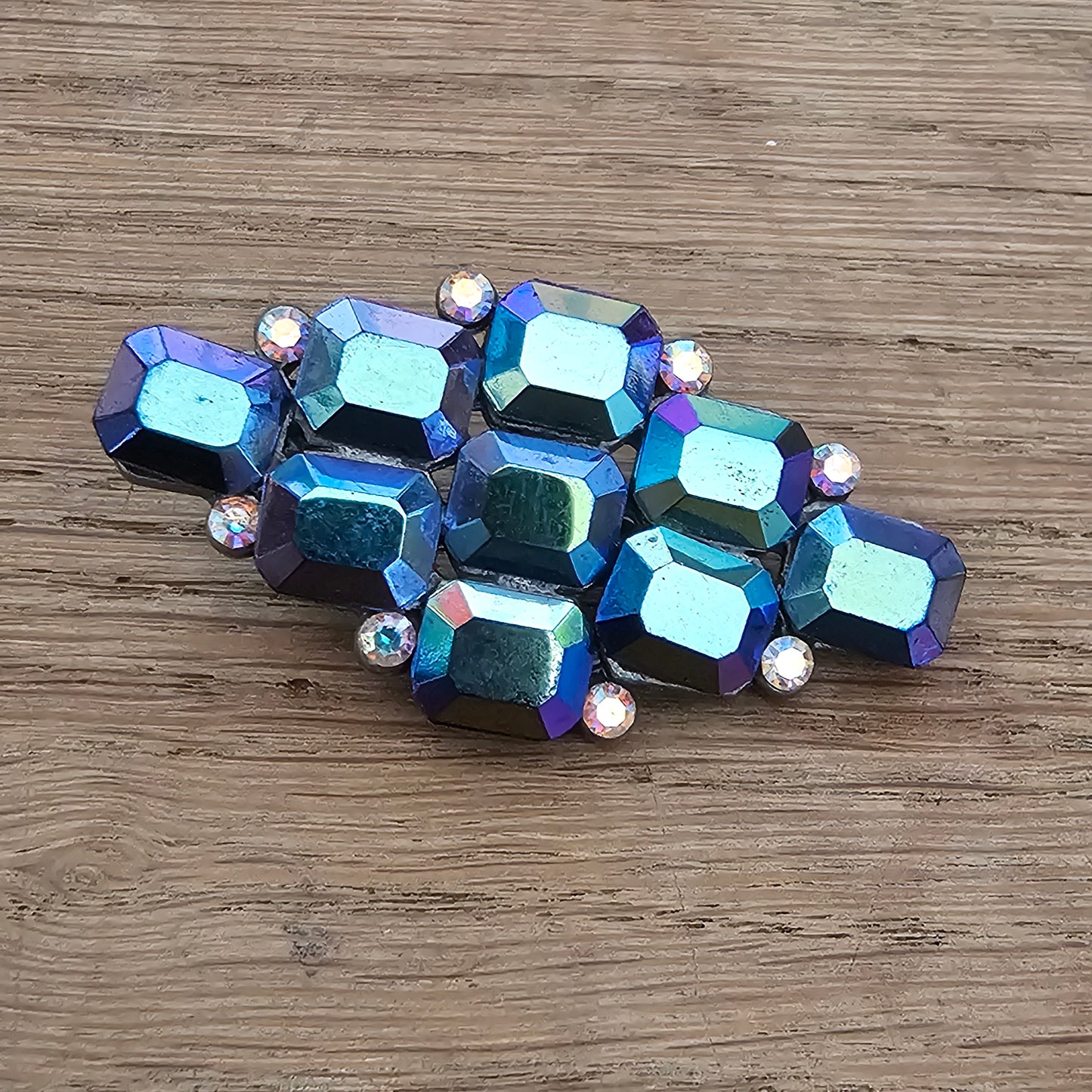 1960s iridescent petrol blue faceted glass rhinestone brooch
