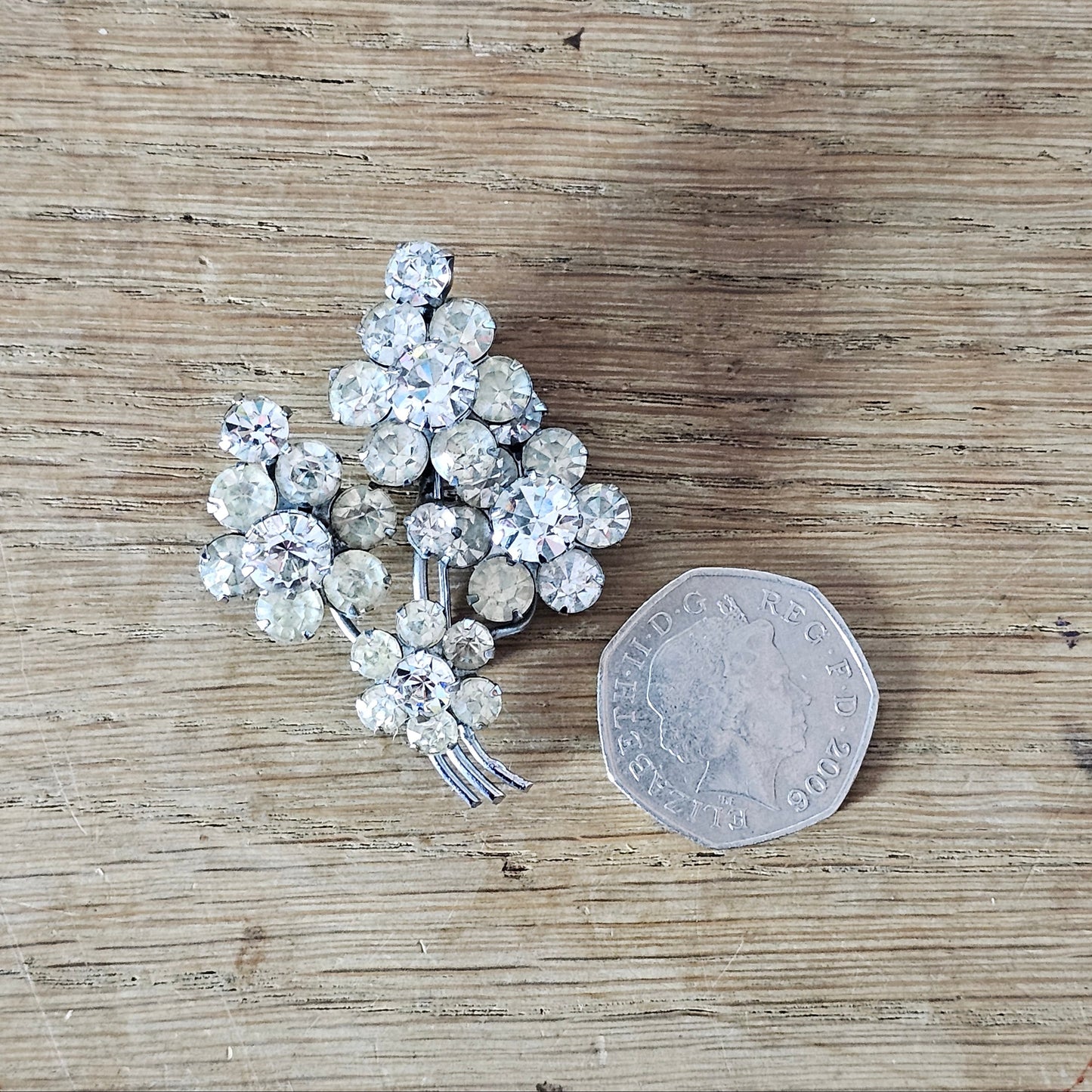 1950s silver-tone & rhinestone floral spray brooch
