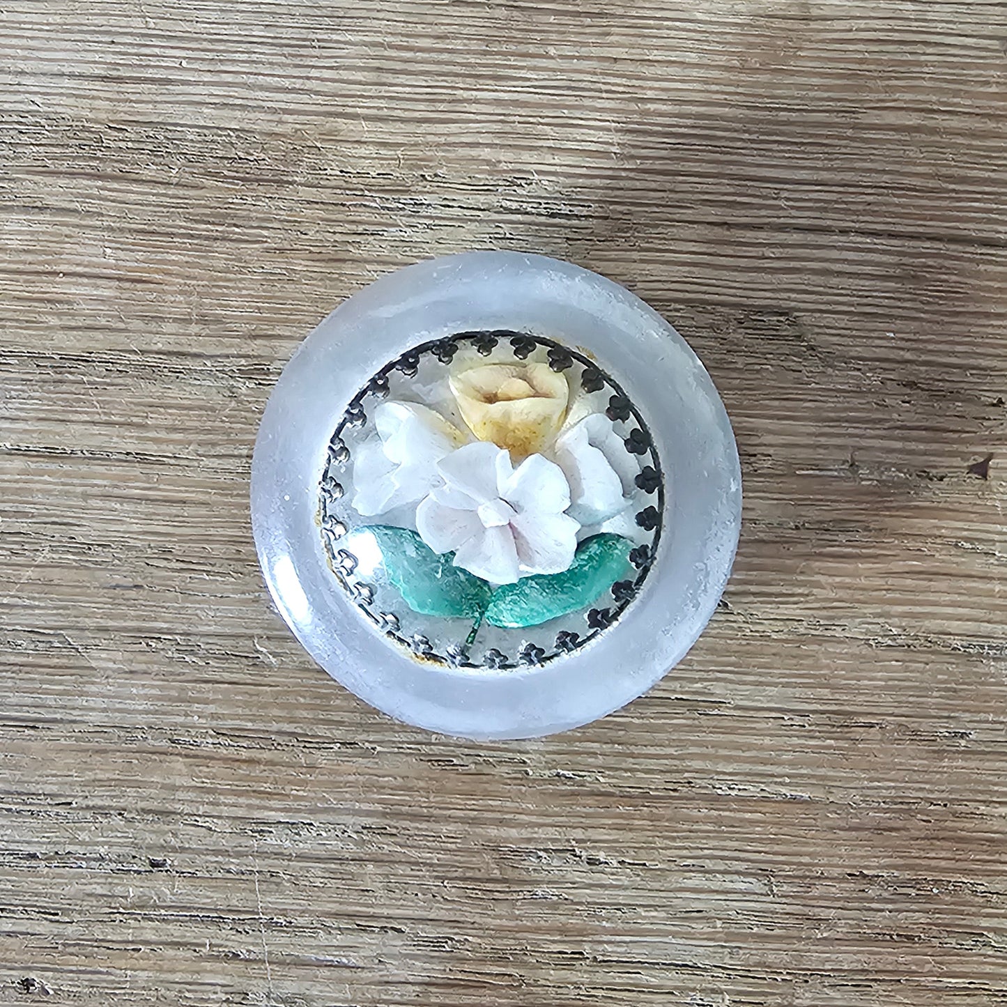 1930s/40s reverse carved dome lucite brooch with hand-painted flowers