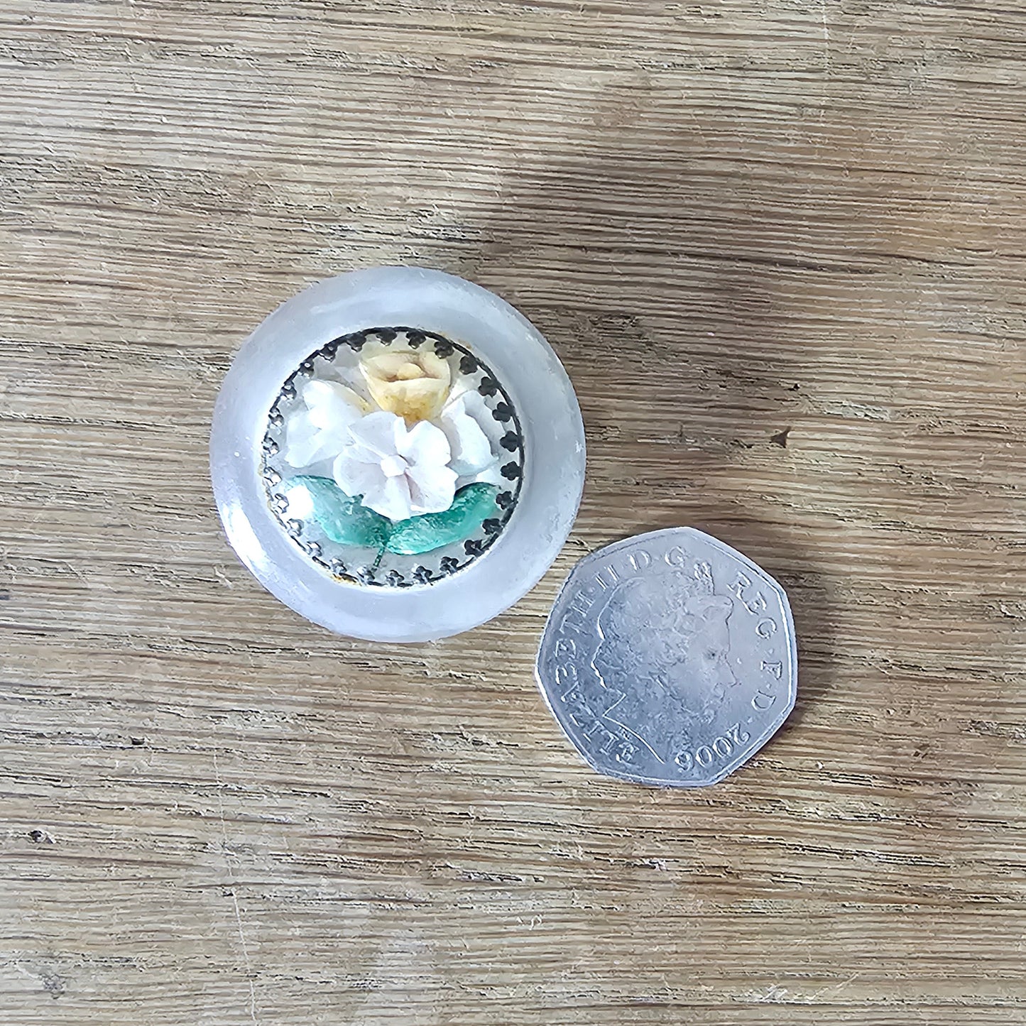 1930s/40s reverse carved dome lucite brooch with hand-painted flowers