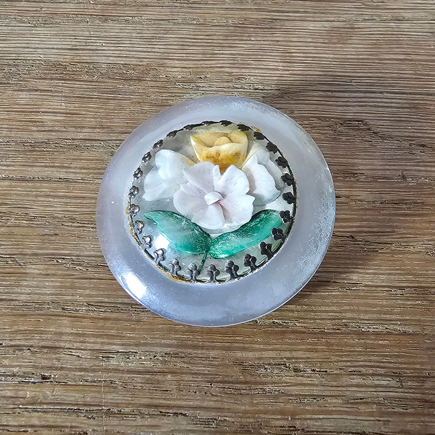1930s/40s reverse carved dome lucite brooch with hand-painted flowers