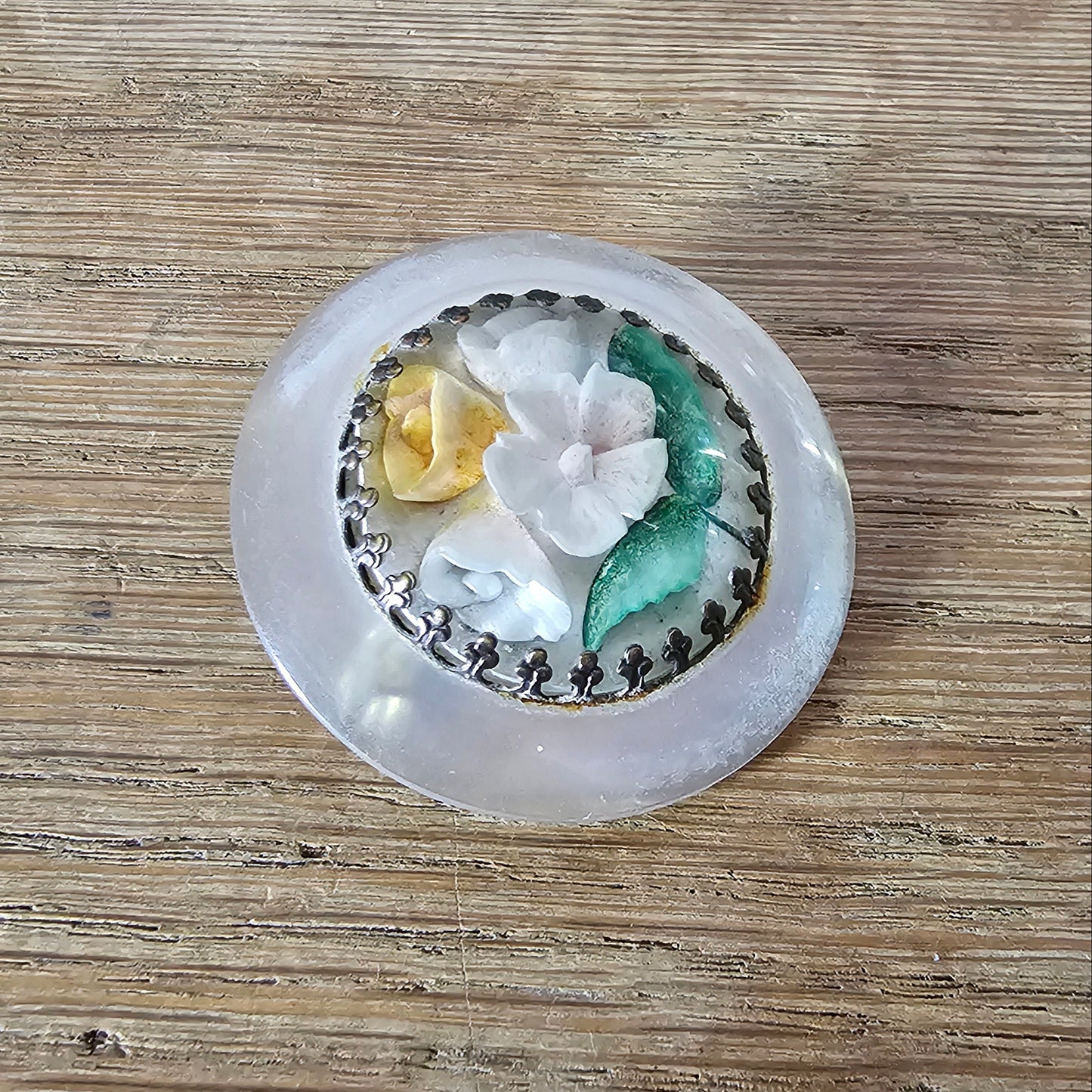 1930s/40s reverse carved dome lucite brooch with hand-painted flowers