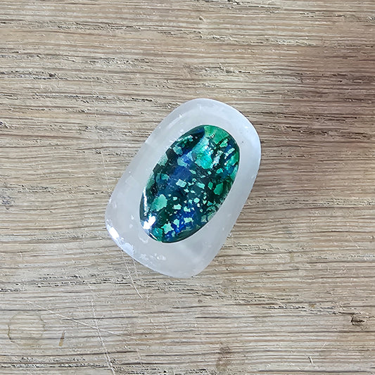 Home-made brooch using vintage opal & frosted glass cabochons
