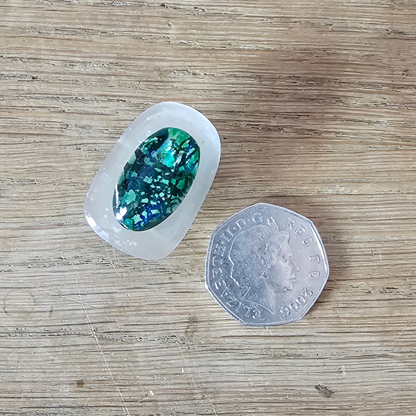 Home-made brooch using vintage opal & frosted glass cabochons