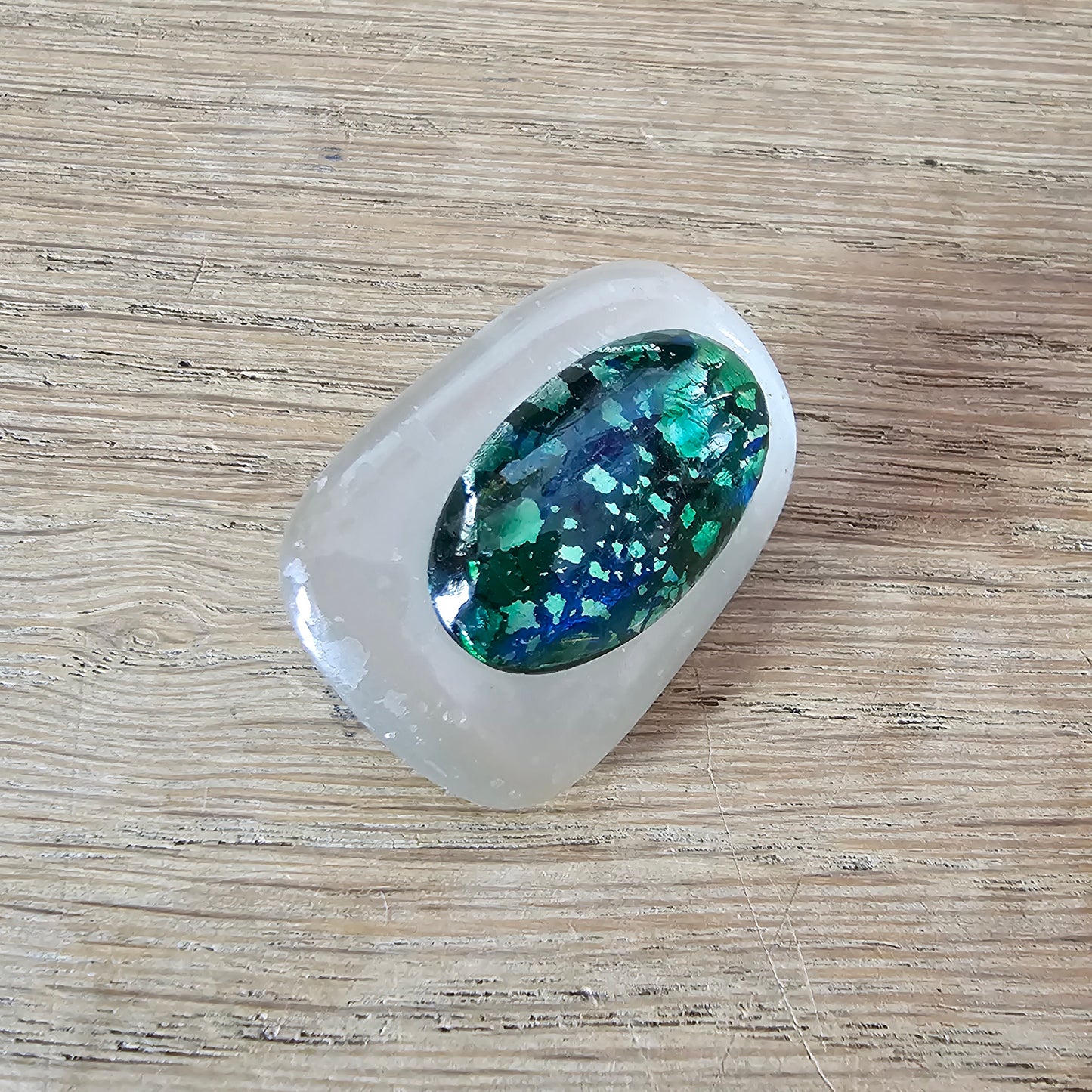 Home-made brooch using vintage opal & frosted glass cabochons