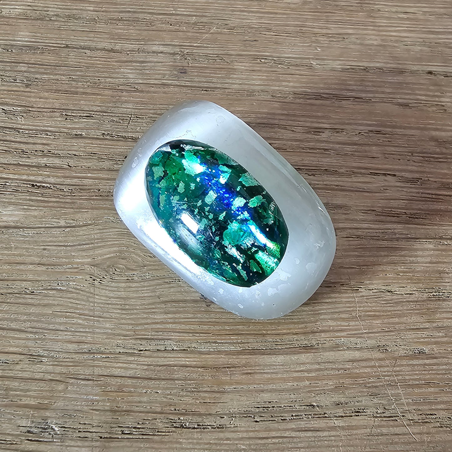 Home-made brooch using vintage opal & frosted glass cabochons