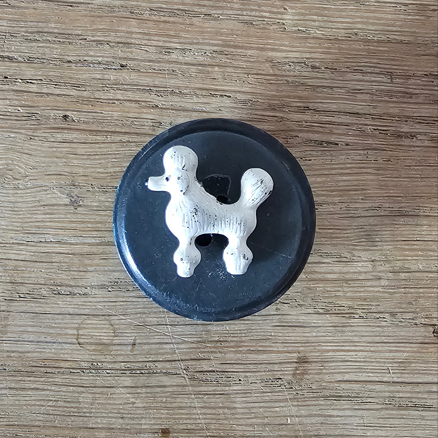 Home-made brooch using white painted metal poodle & vintage button