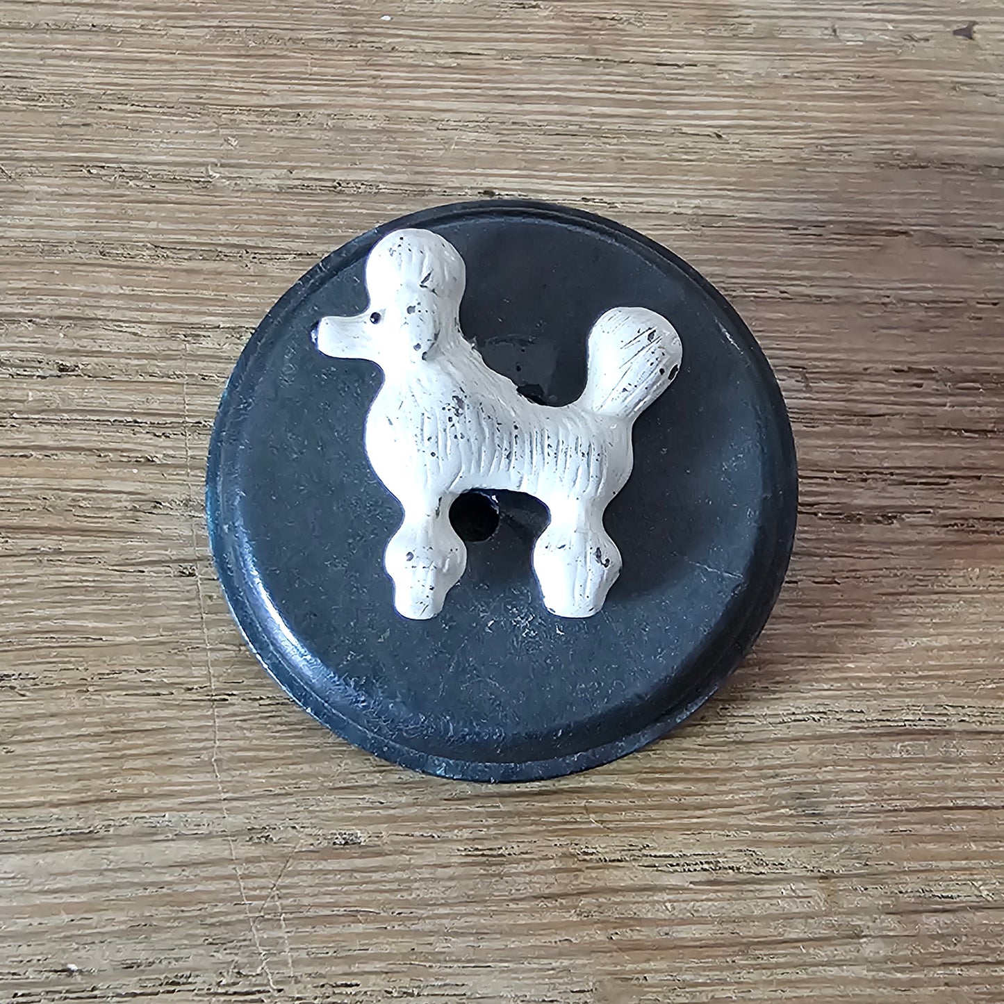 Home-made brooch using white painted metal poodle & vintage button