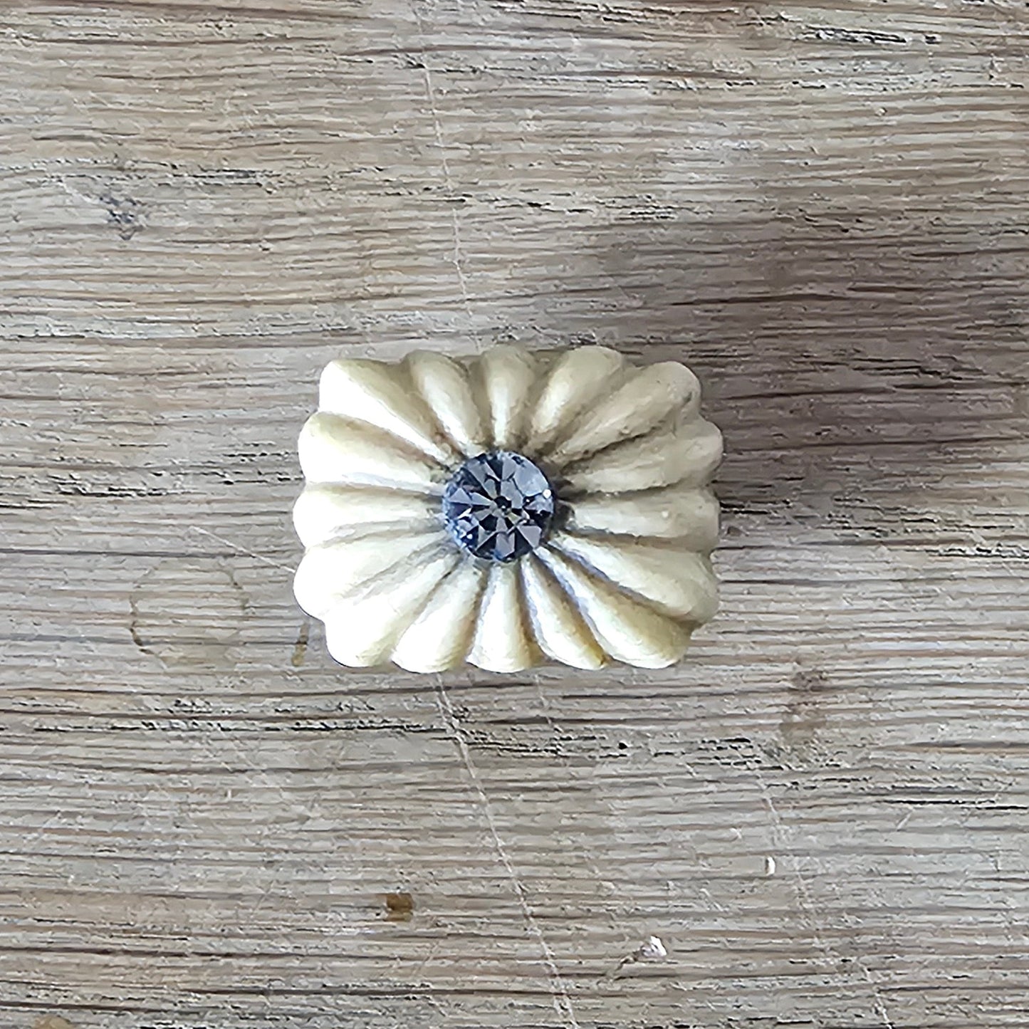Home-made brooch using antique carved bone flower carving & rhinestone accent