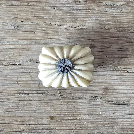 Home-made brooch using antique carved bone flower carving & rhinestone accent