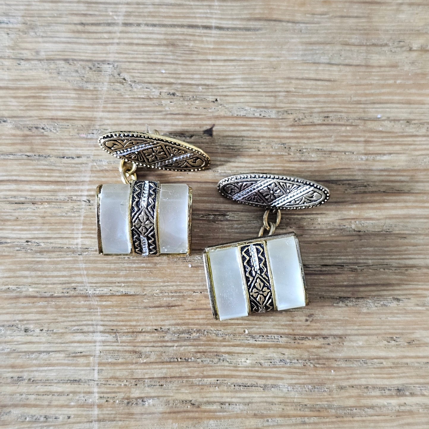 1930s/40s gold-tone Damascene & Mother of Pearl cufflinks