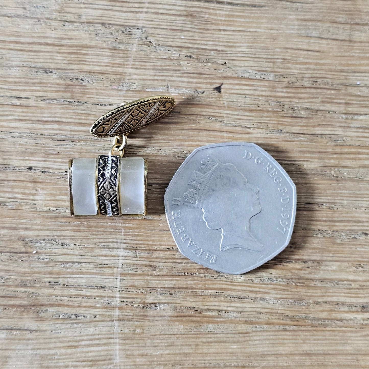 1930s/40s gold-tone Damascene & Mother of Pearl cufflinks