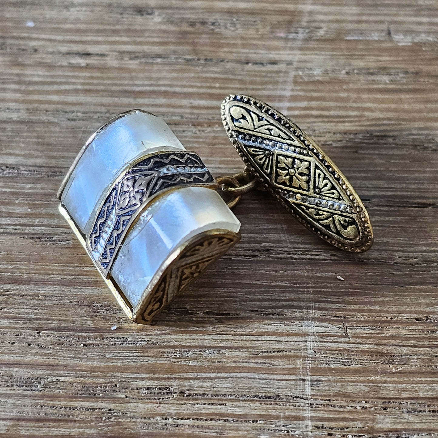 1930s/40s gold-tone Damascene & Mother of Pearl cufflinks