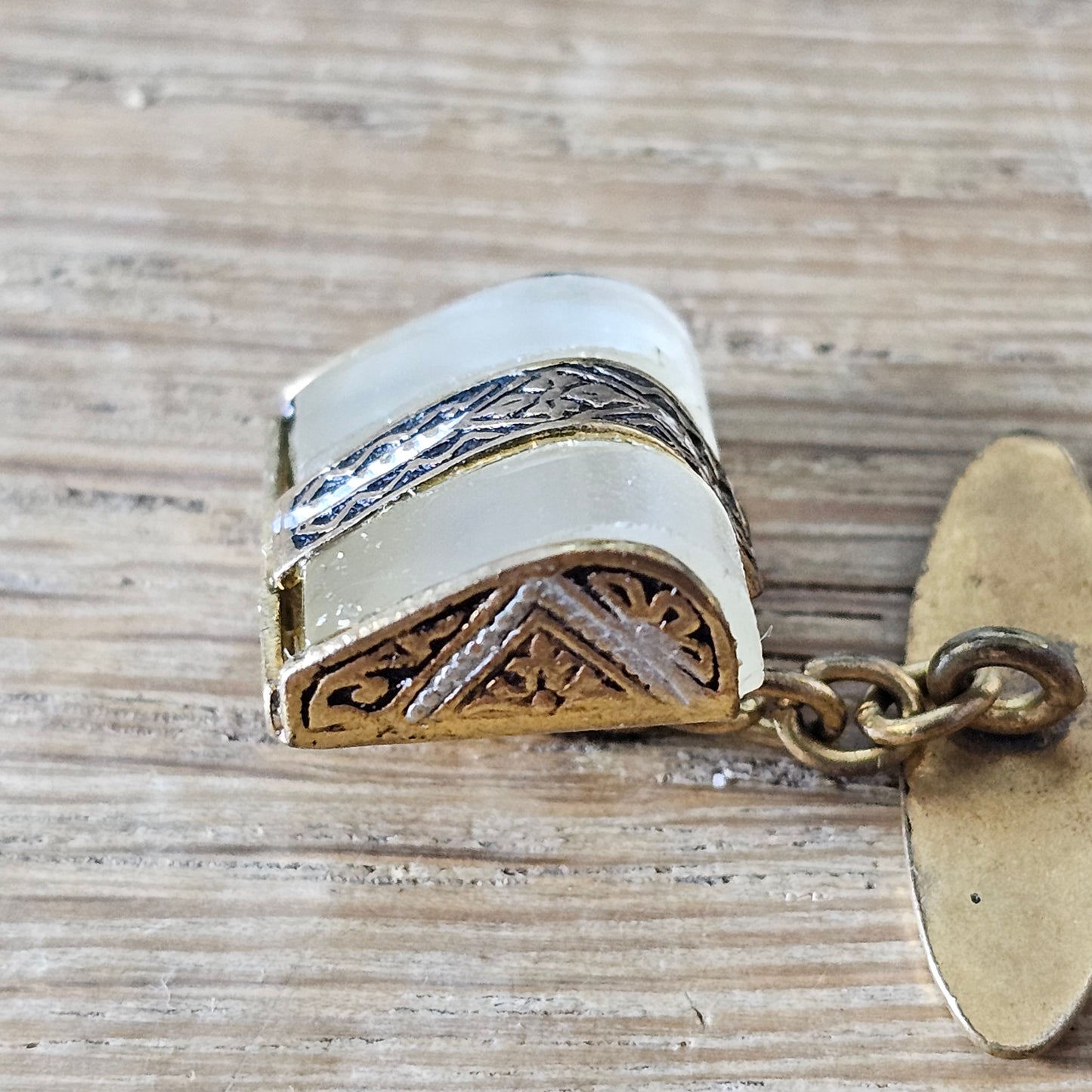 1930s/40s gold-tone Damascene & Mother of Pearl cufflinks