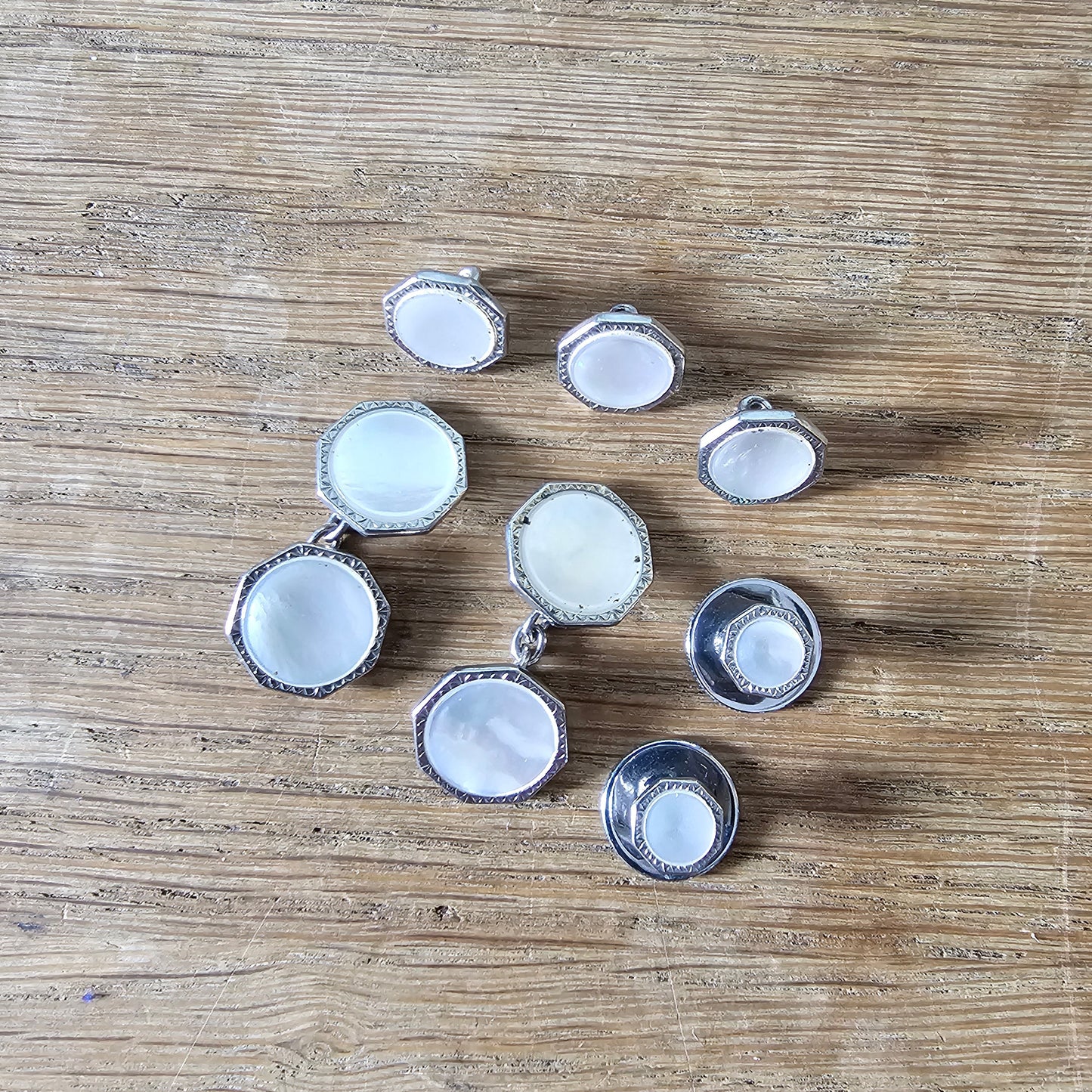 1930s silver-tone Mother-of-pearl octagonal dress stud & cufflink set