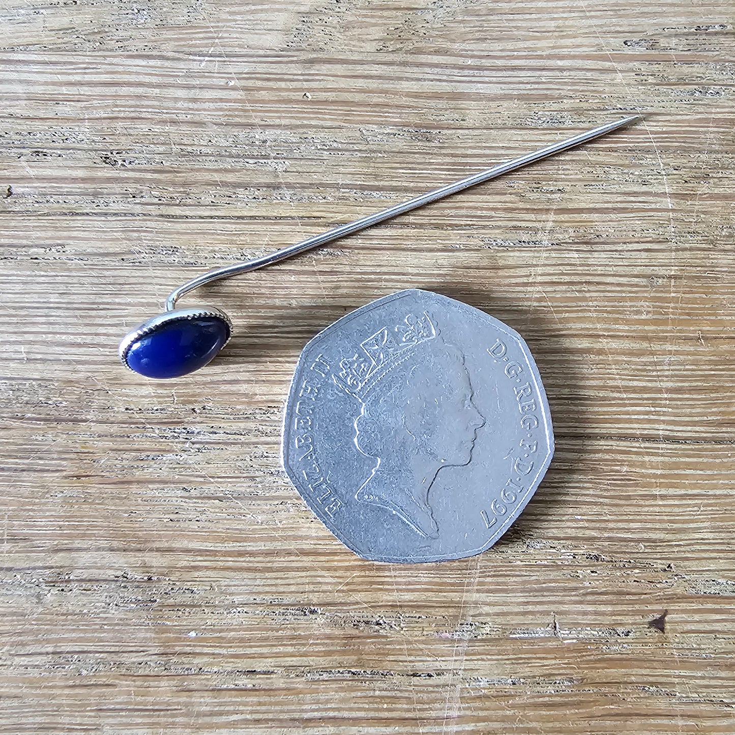 Art Deco cobalt blue glass cabochon silver-tone stick pin
