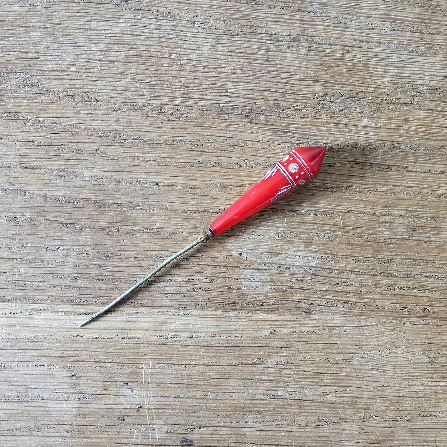 Art deco red Bakelite & diamante hat pin