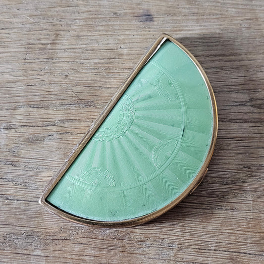 1930s/40s pale green guilloché enamel fan-shaped powder compact