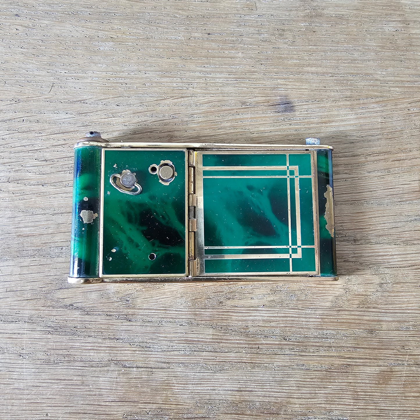 1930s French marbled green celluloid & gold-tone musical compact
