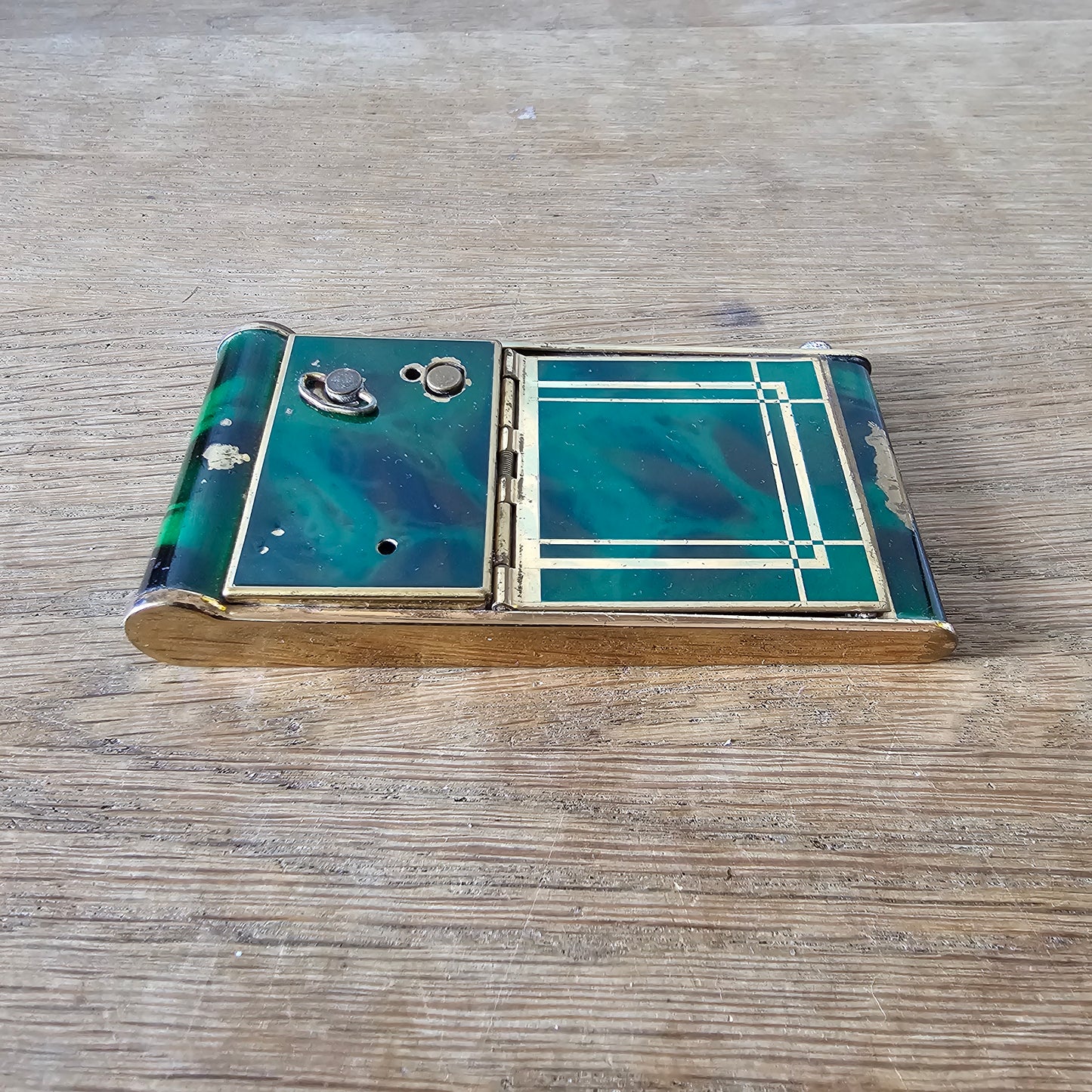 1930s French marbled green celluloid & gold-tone musical compact