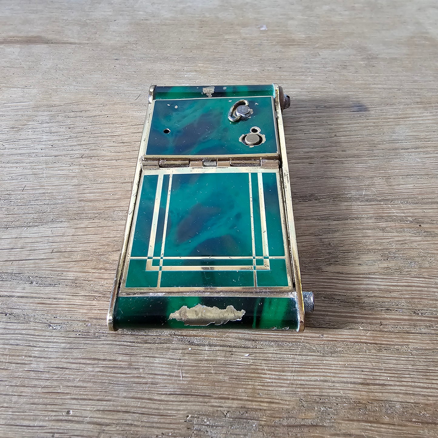 1930s French marbled green celluloid & gold-tone musical compact