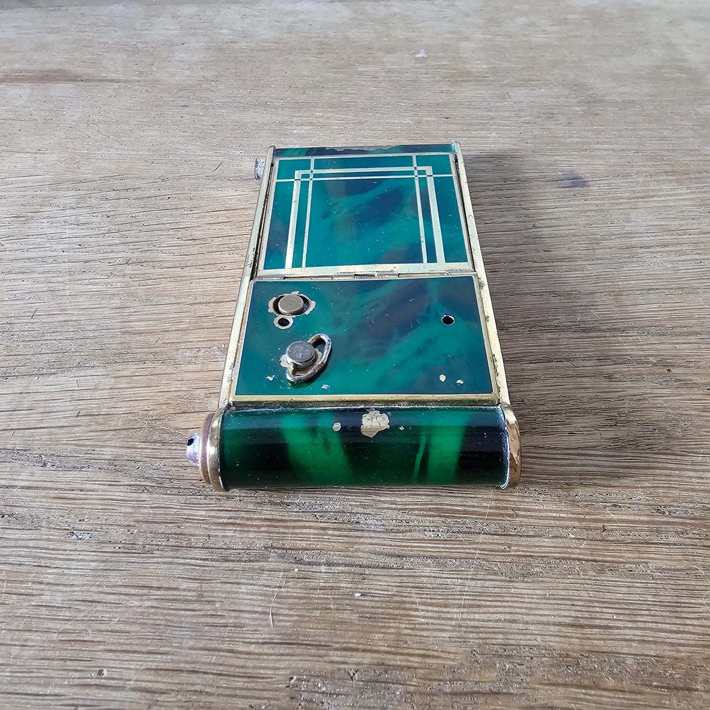 1930s French marbled green celluloid & gold-tone musical compact