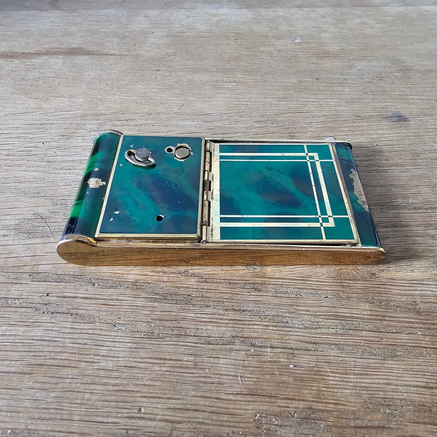 1930s French marbled green celluloid & gold-tone musical compact