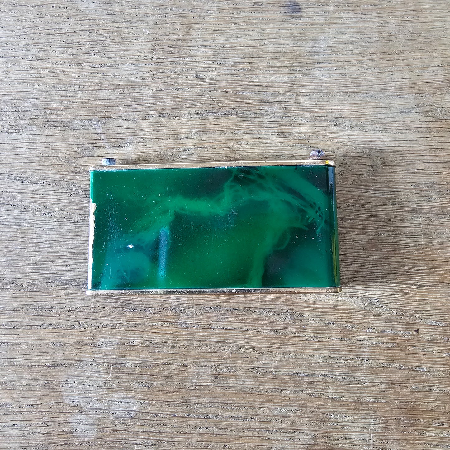 1930s French marbled green celluloid & gold-tone musical compact