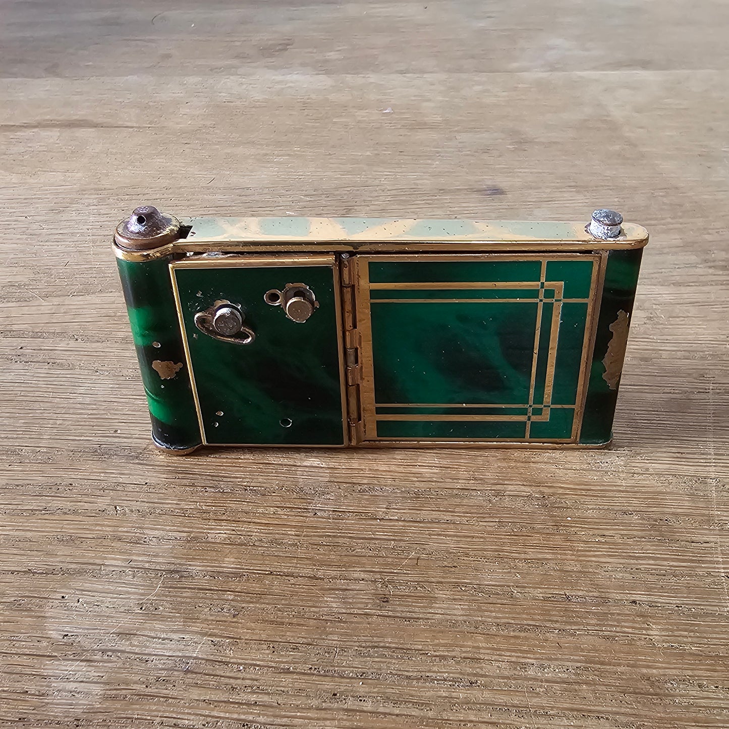 1930s French marbled green celluloid & gold-tone musical compact