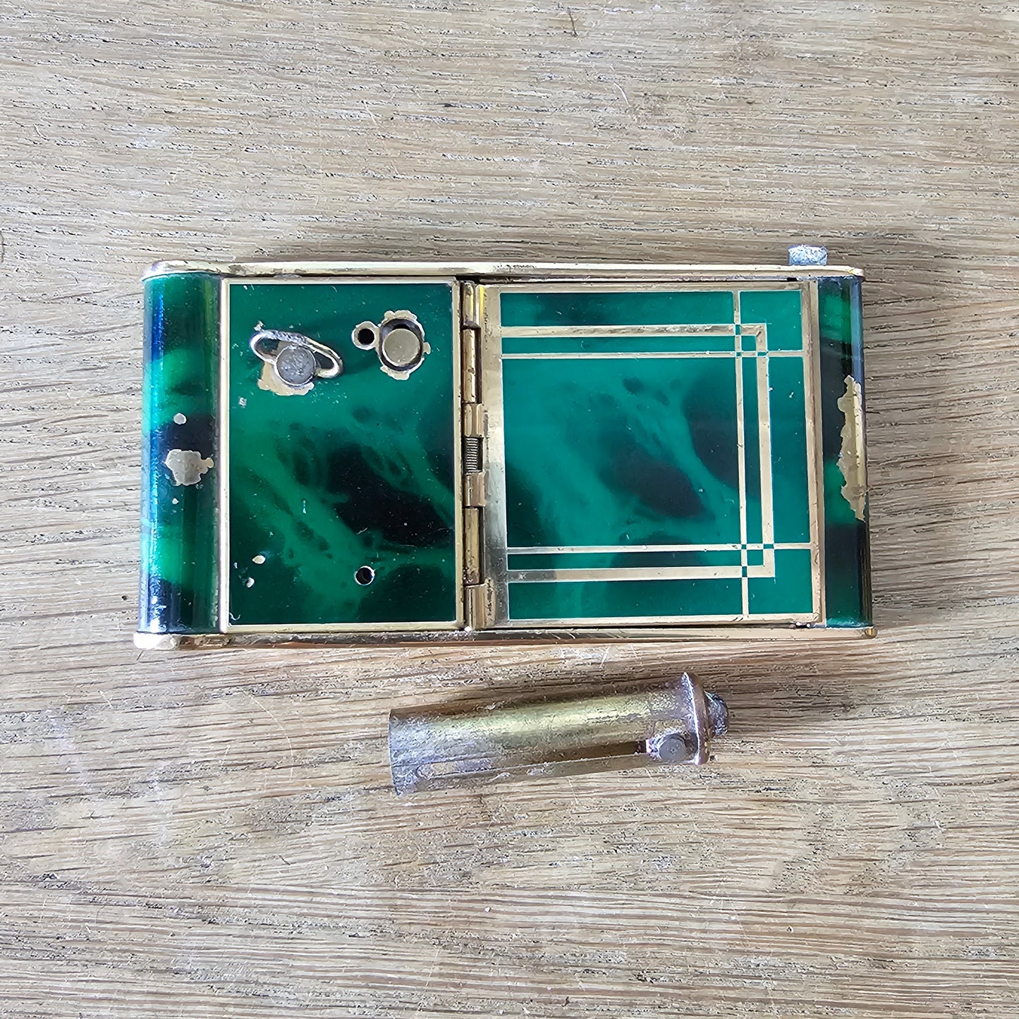 1930s French marbled green celluloid & gold-tone musical compact
