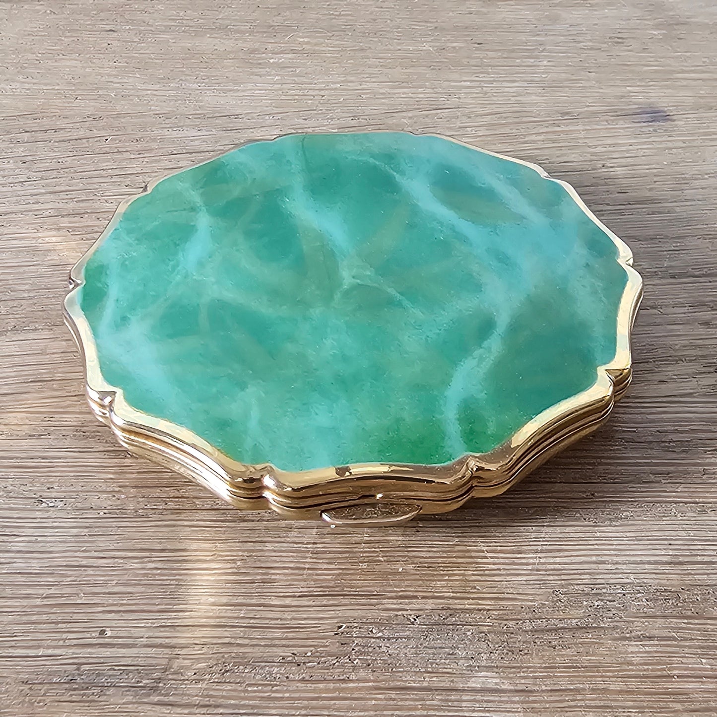 1960s Stratton marbled jade green slim convertible compact with original box