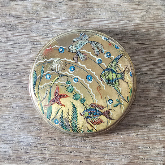 1950s gilt powder compact with tropical fish design