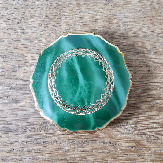 1950s/60s Stratton marbled jade green compact with gold woven circlet design