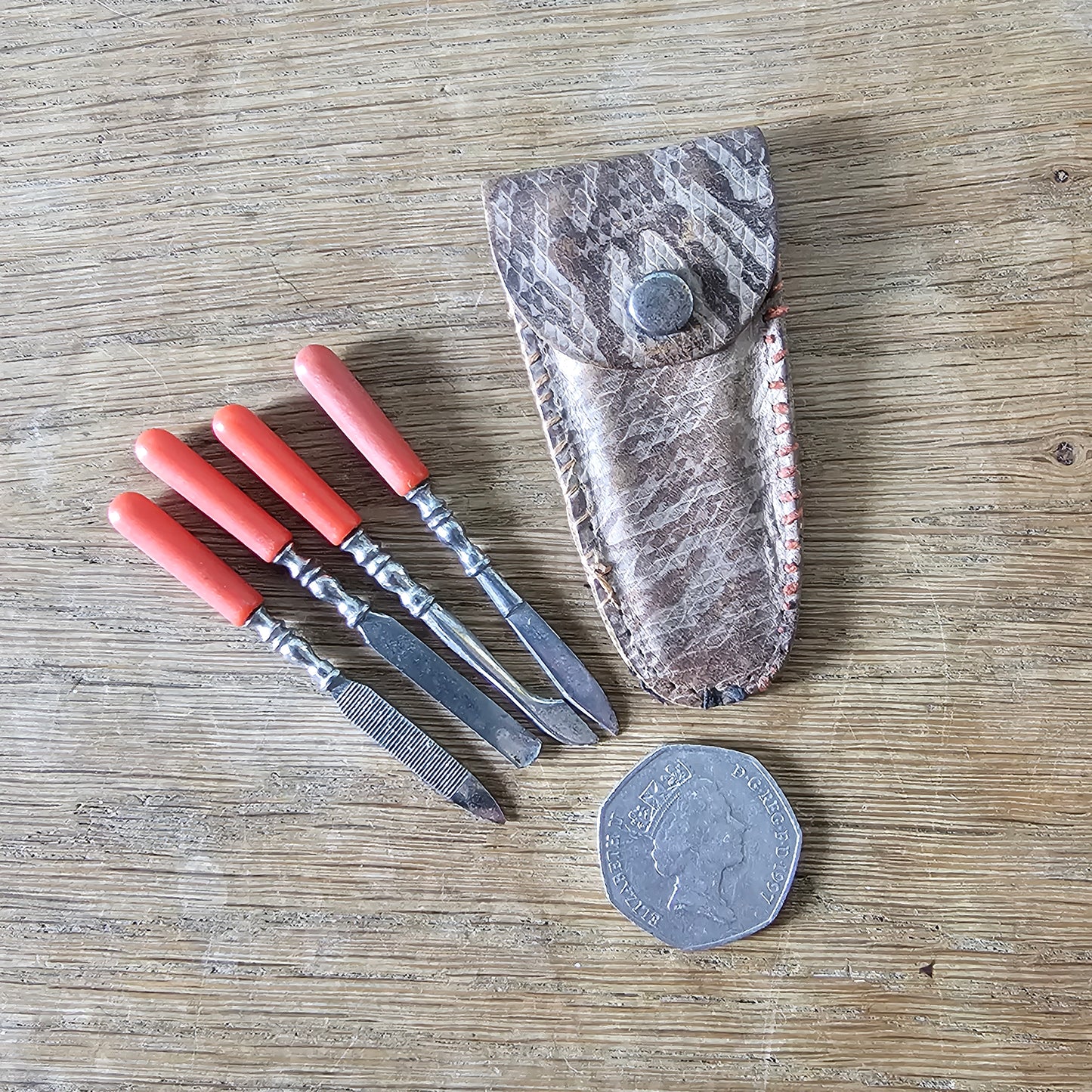 circa. 1940s miniature Bakelite manicure set with faux snakeskin leather pouch
