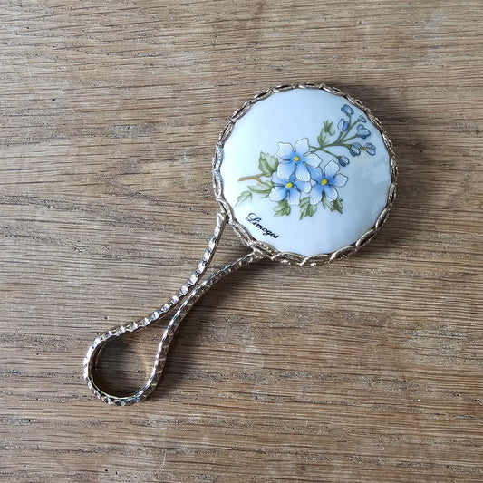 1960s Limoges gold-tone floral porcelain hand mirror