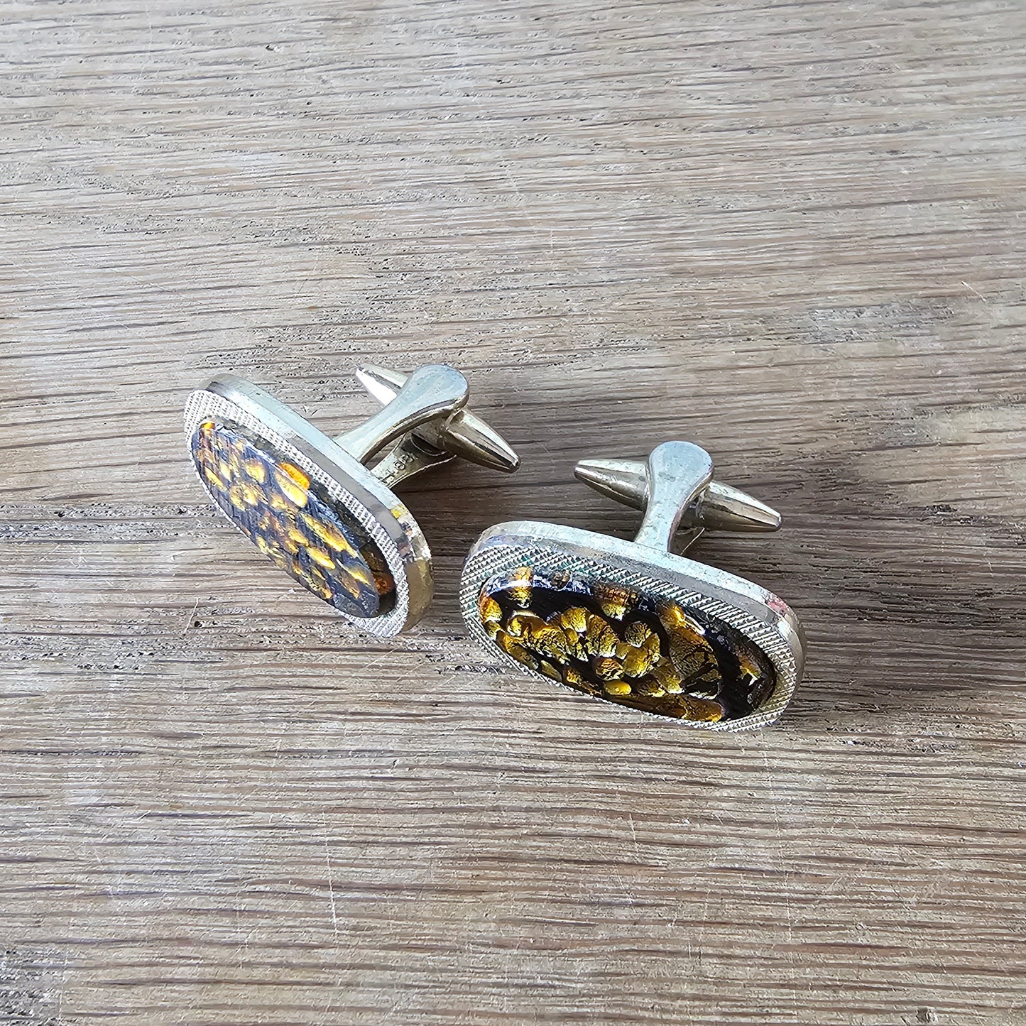 1960s gold-tone flecked amber art glass cufflinks
