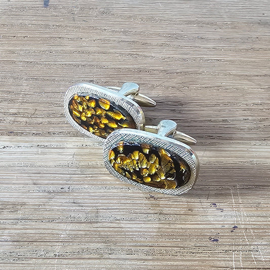 1960s gold-tone flecked amber art glass cufflinks