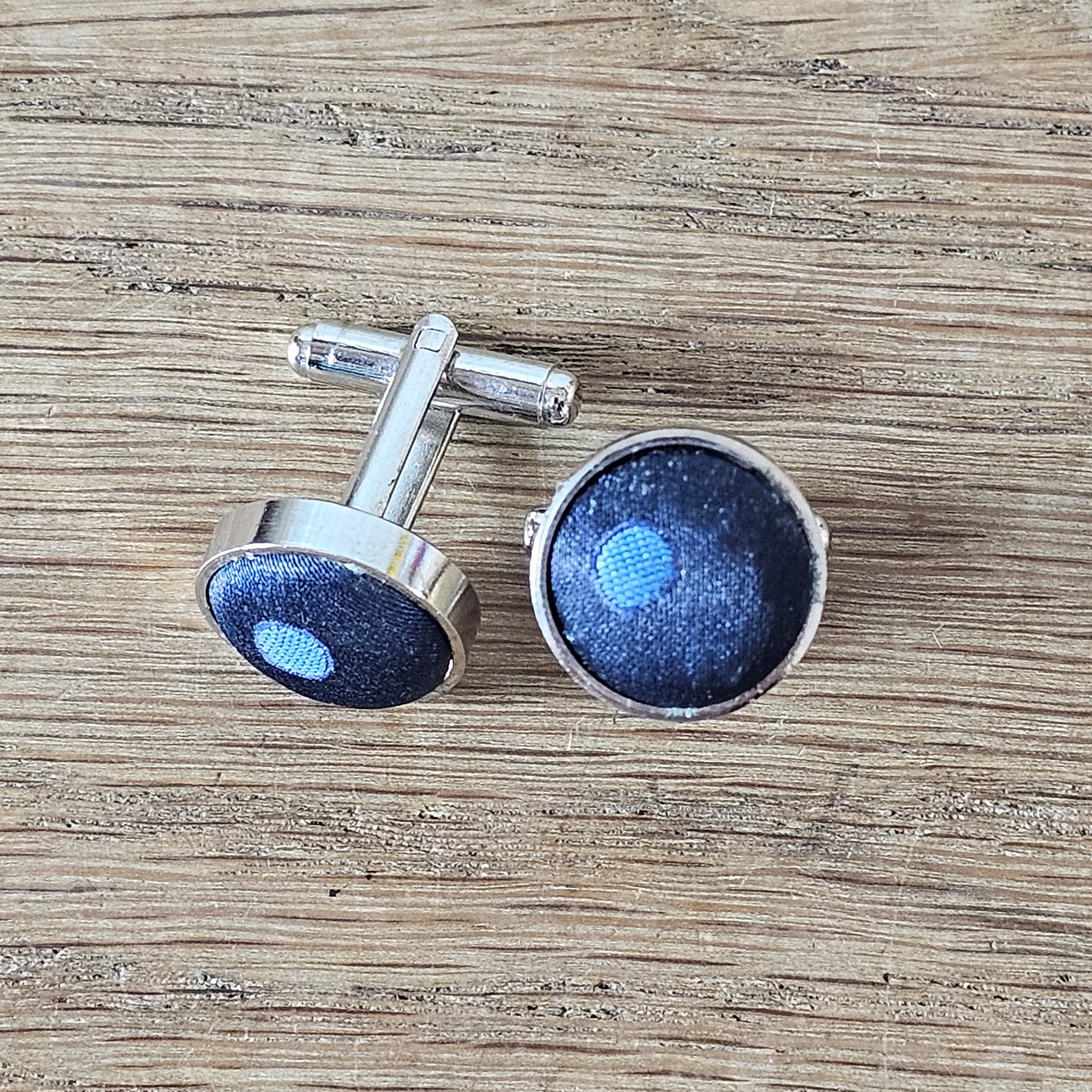 1960s silver-tone blue satin contrast dot cufflinks