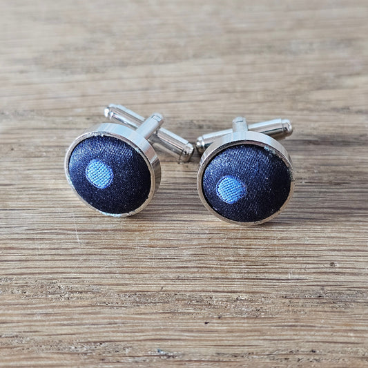 1960s silver-tone blue satin contrast dot cufflinks