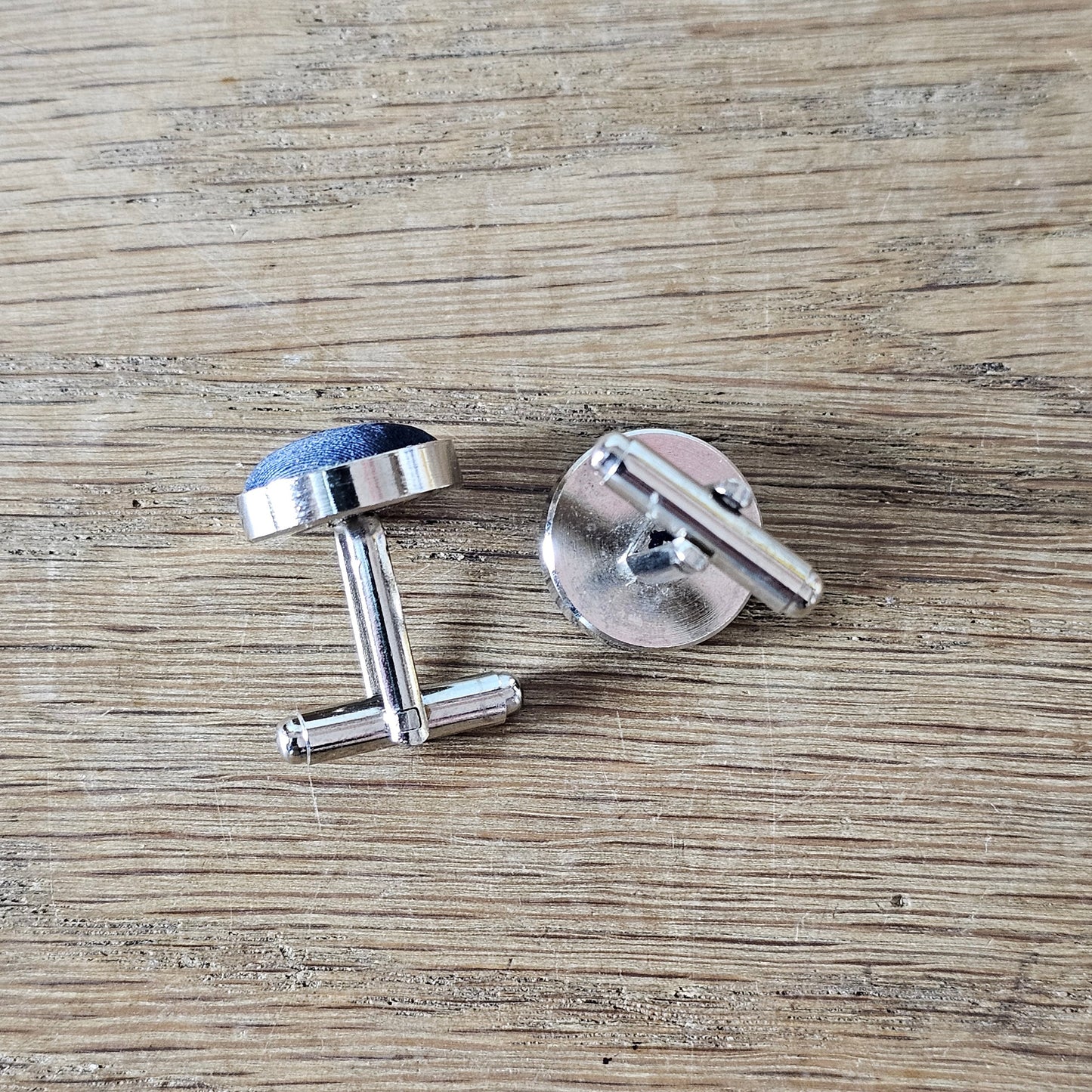 1960s silver-tone blue satin contrast dot cufflinks