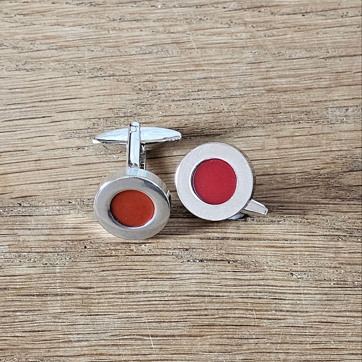 1960s/70s silver-tone & rust red enamelled circle cufflinks