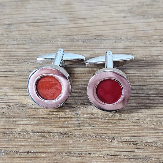 1960s/70s silver-tone & rust red enamelled circle cufflinks