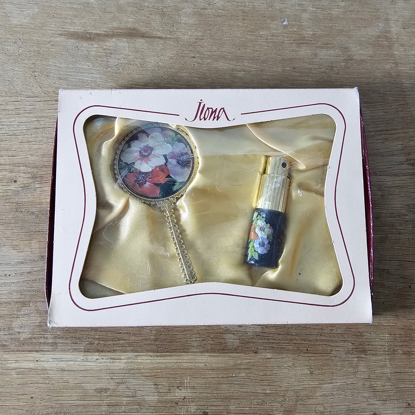 1970s Jlona floral vanity set with hand mirror & perfume atomiser