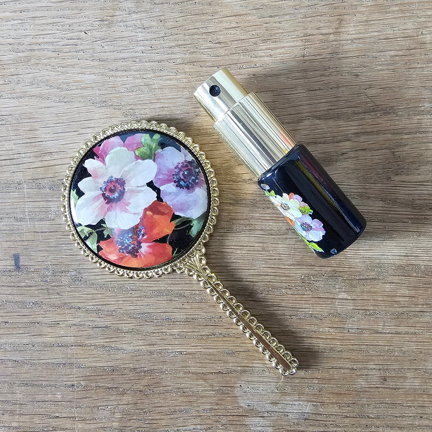 1970s Jlona floral vanity set with hand mirror & perfume atomiser