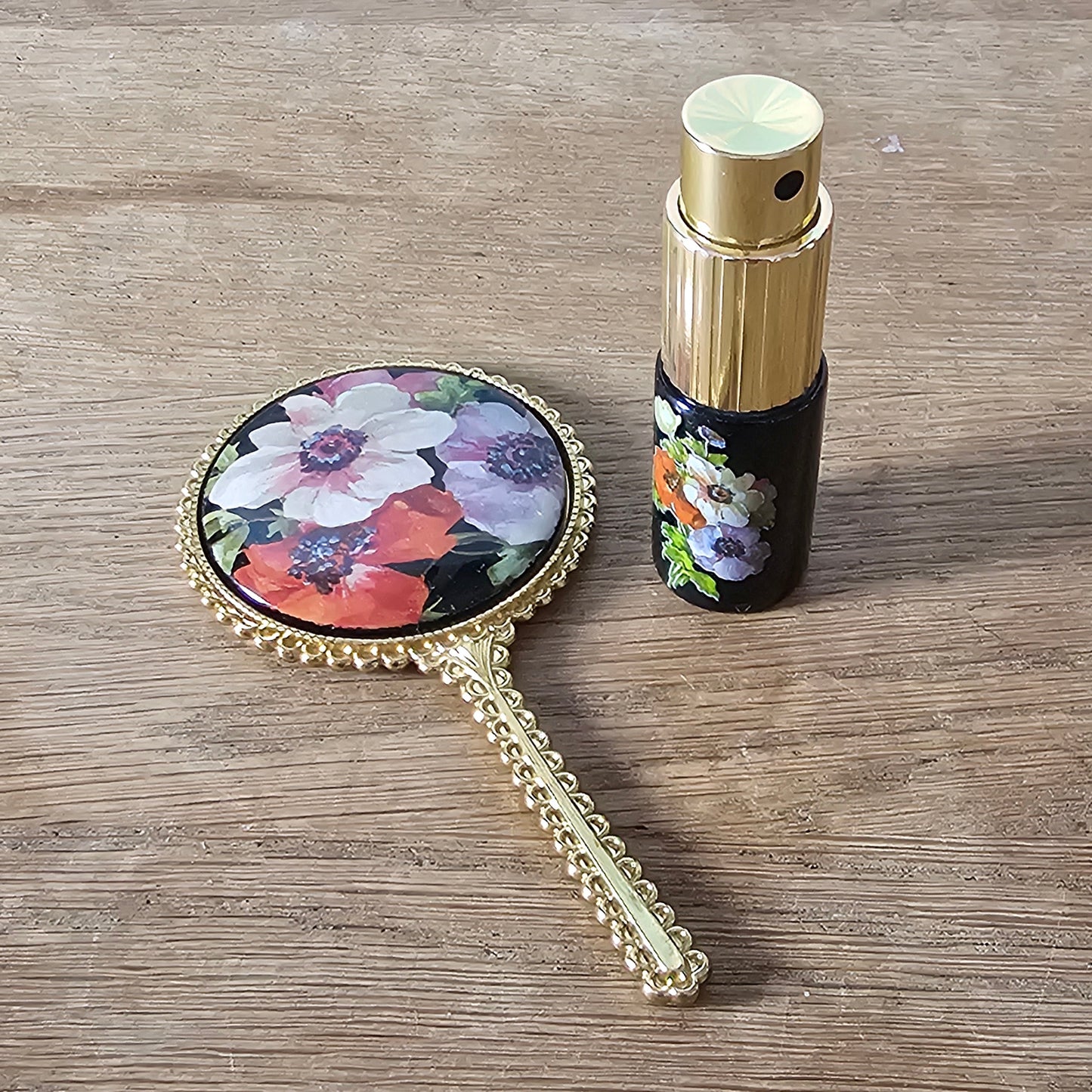 1970s Jlona floral vanity set with hand mirror & perfume atomiser