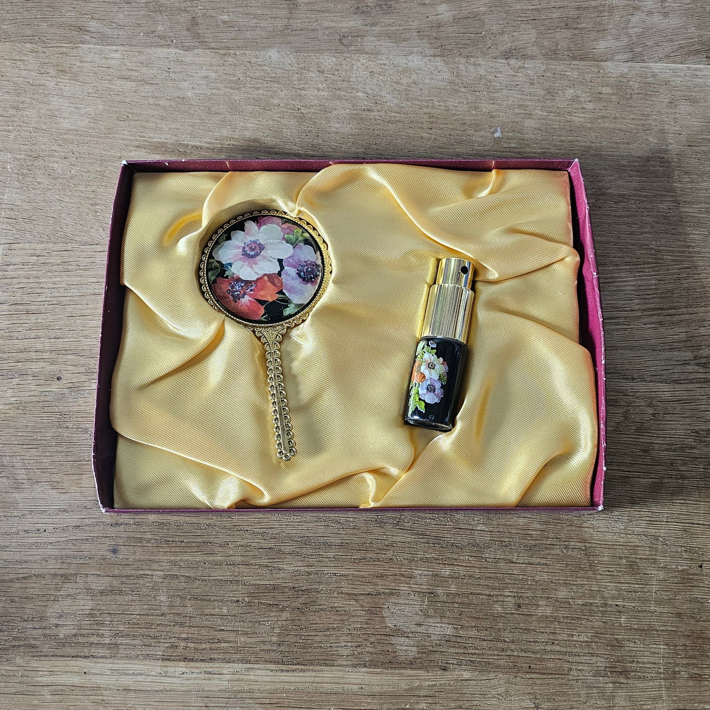 1970s Jlona floral vanity set with hand mirror & perfume atomiser