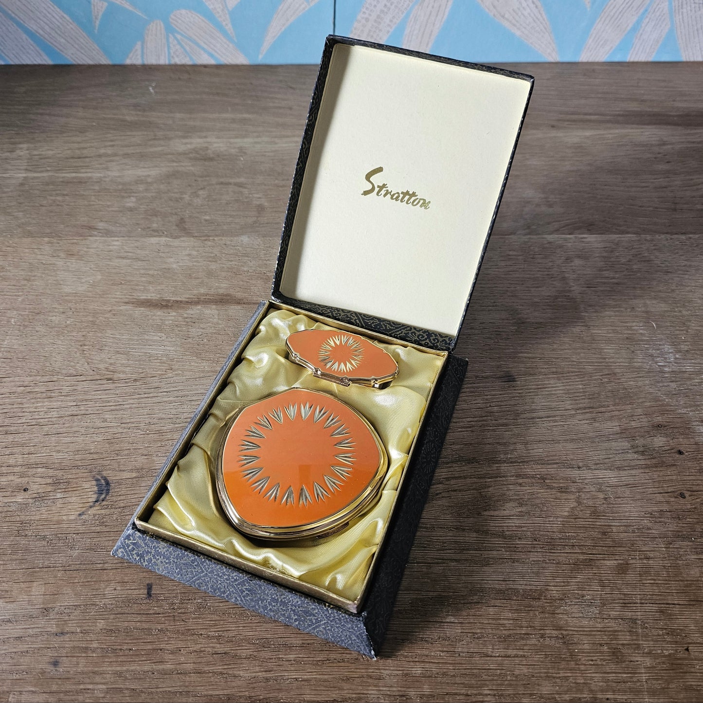 1960s Stratton tangerine/orange enamel compact & lipstick case duo