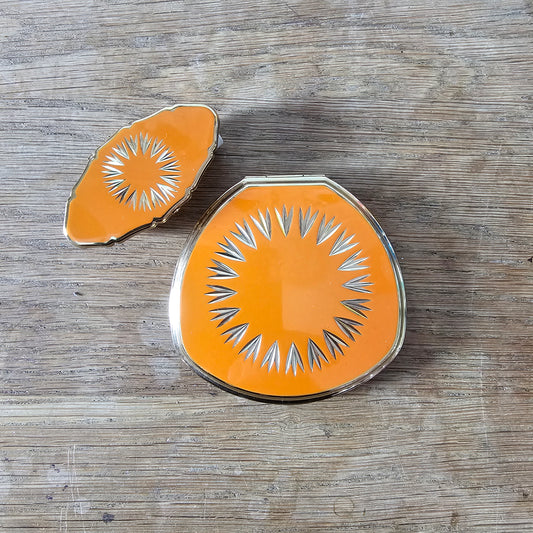 1960s Stratton tangerine/orange enamel compact & lipstick case duo